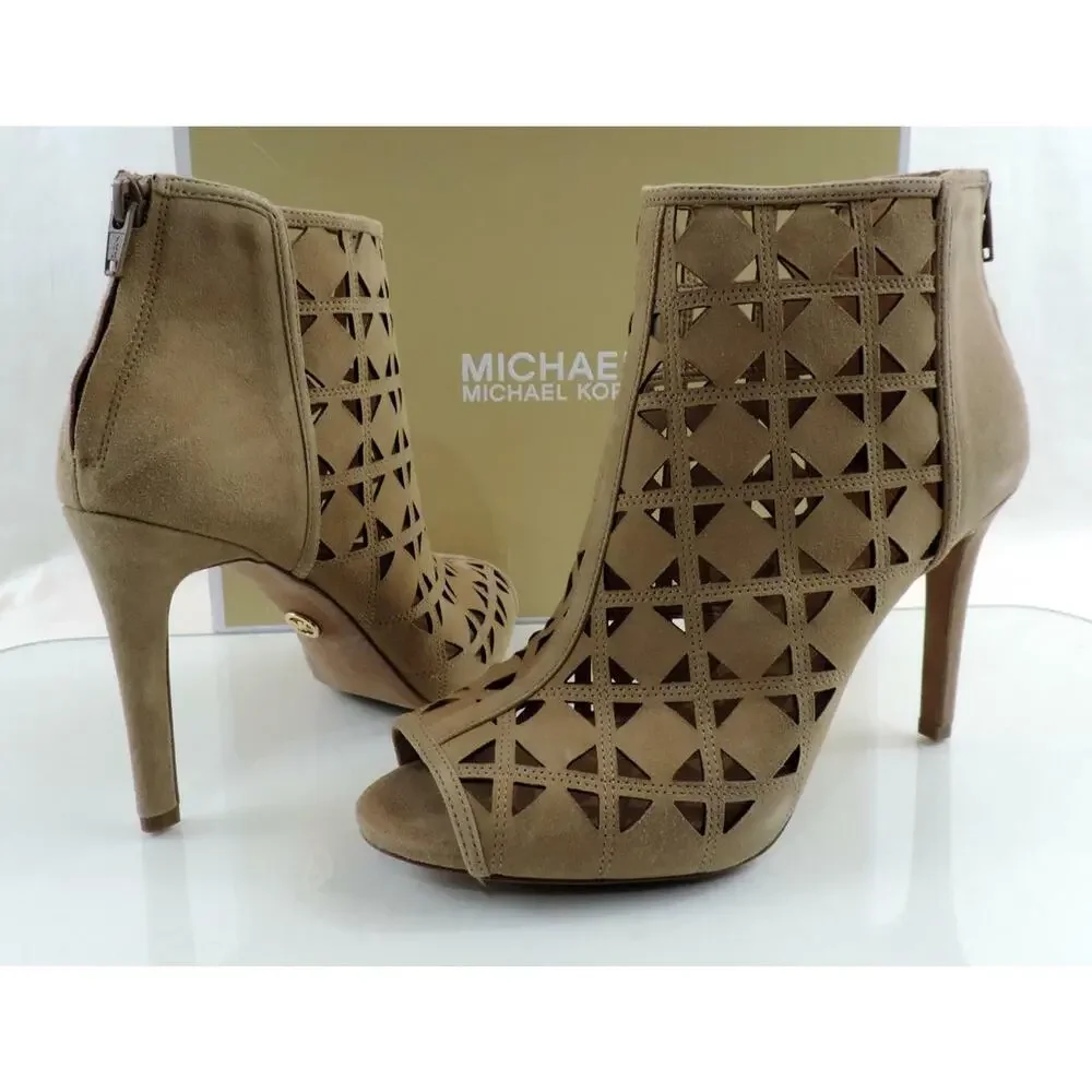Michael Kors Size 10 Ivy Bootie High Heel Open Toe Sandals Suede Dark Khaki